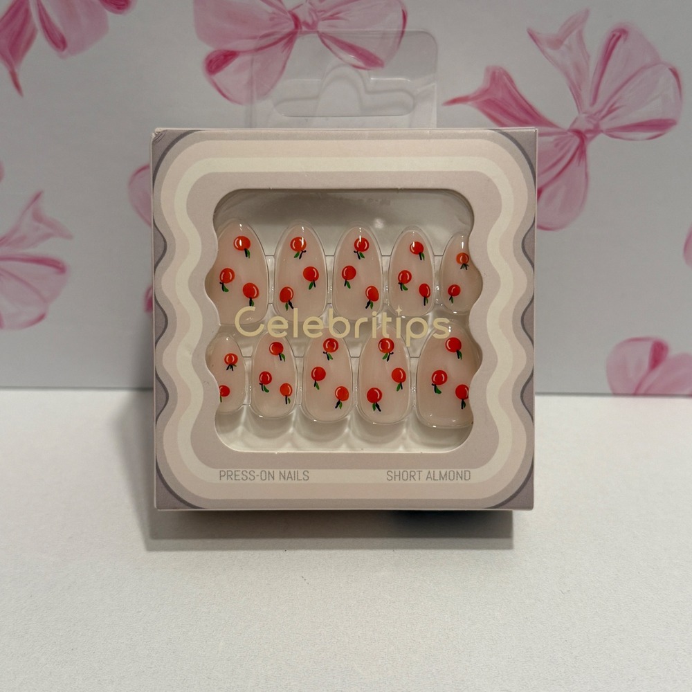 Celebritips Mini Tangerine Press-On Nails Short‎ Almond Fruit Print Manicure New